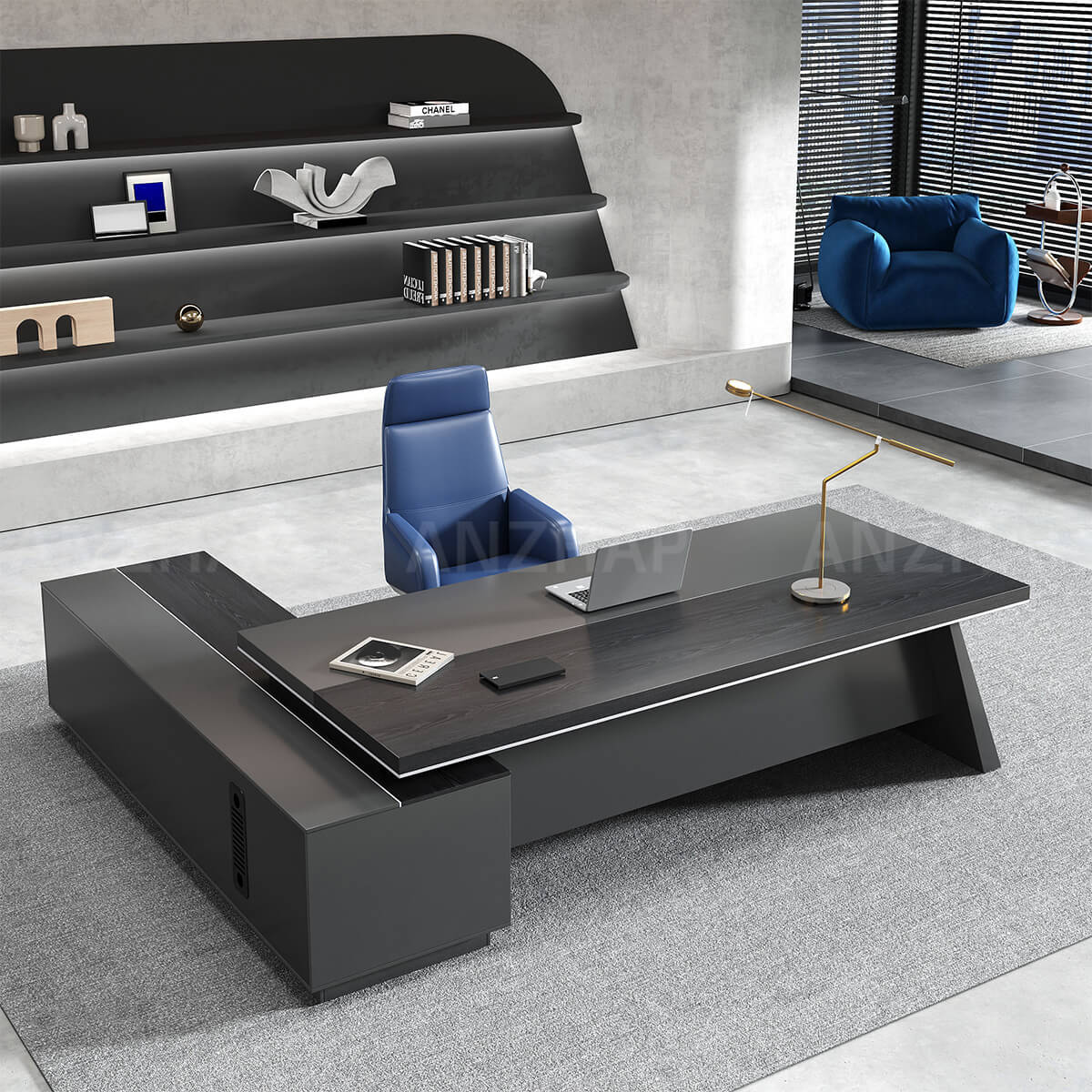 Black Executive Desk with L-Shaped Return and Storage - ANZHAP LBZ-2189 Main picture 8
