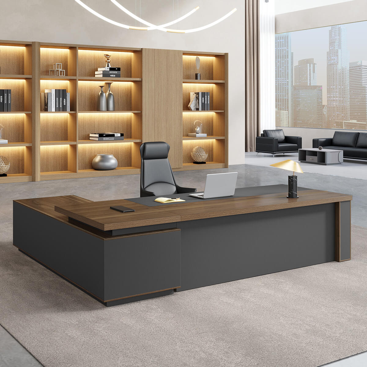 L-Shaped Walnut Executive Desk with Power Outlet and Storage - ANZHAP LBZ-2143 Main picture 1