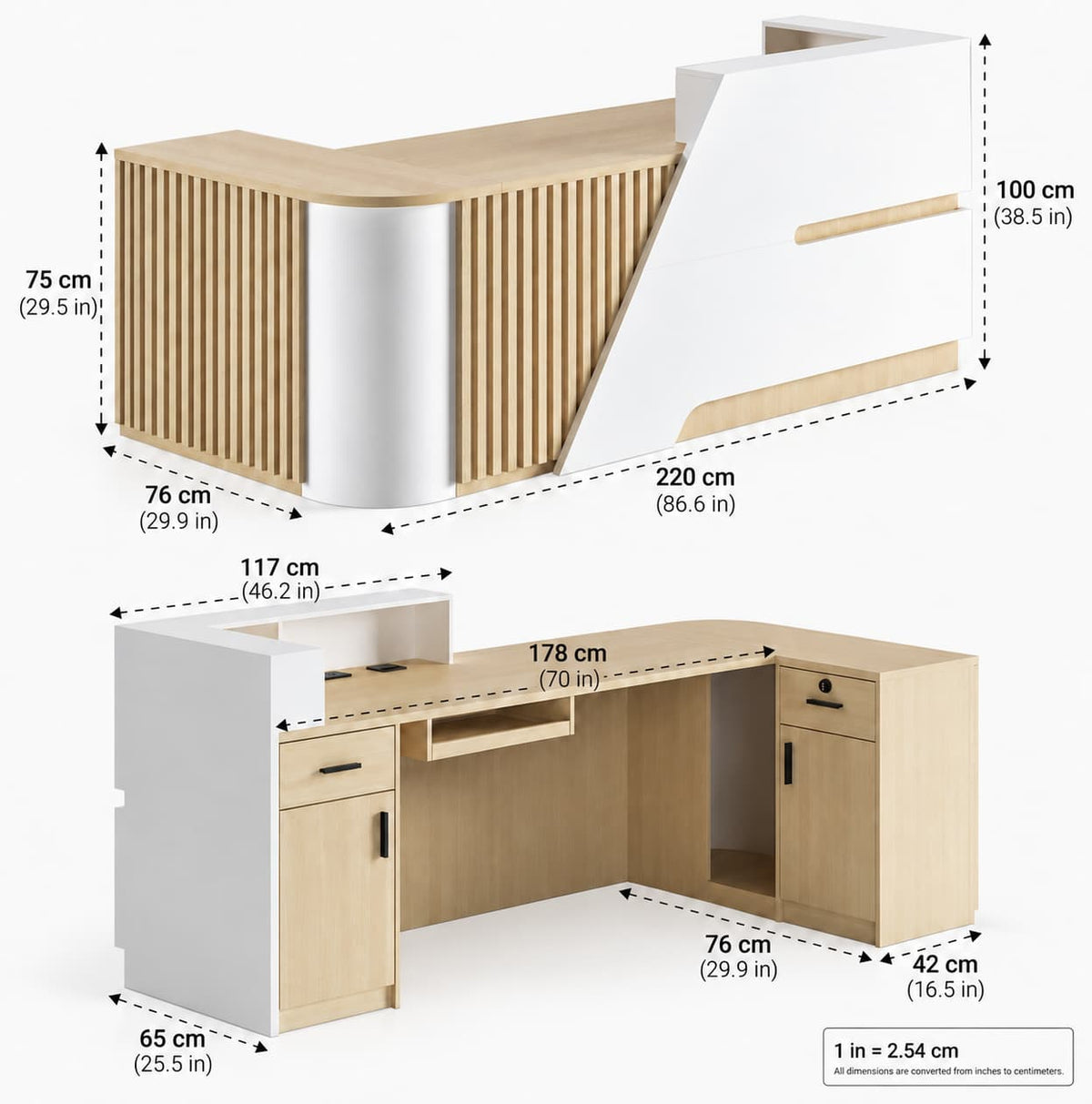 Modern L-Shaped Office Reception Desk with LED & Storage - Dimensions