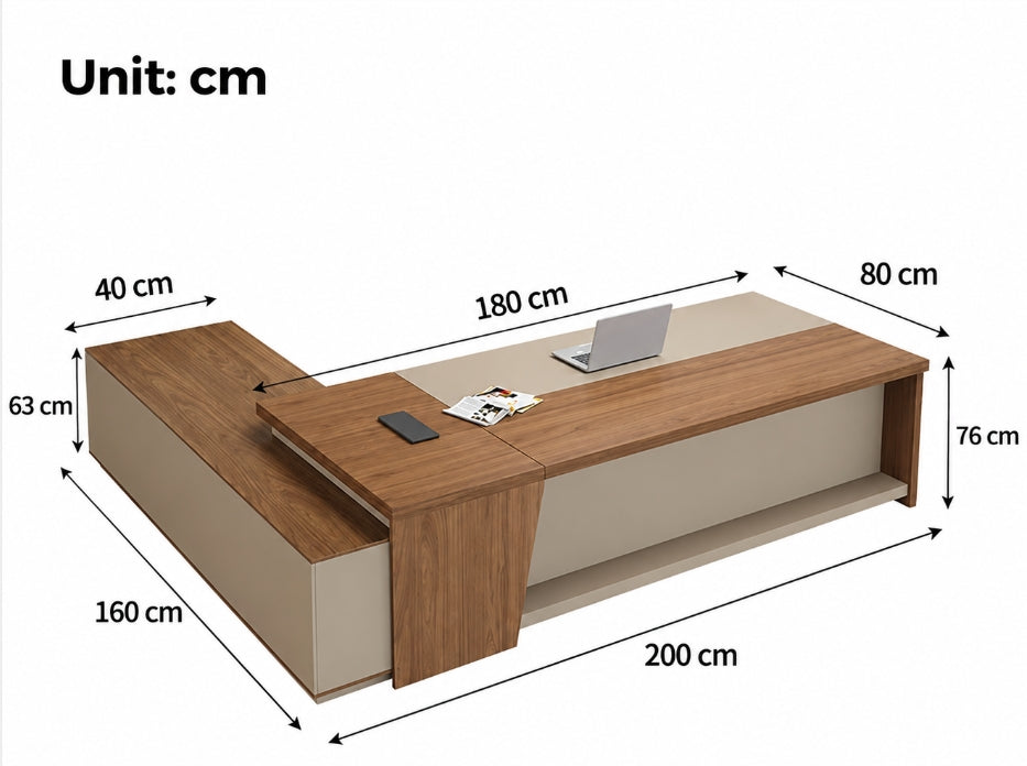 Walnut L-Shaped Management Desk with Storage - Dimensions