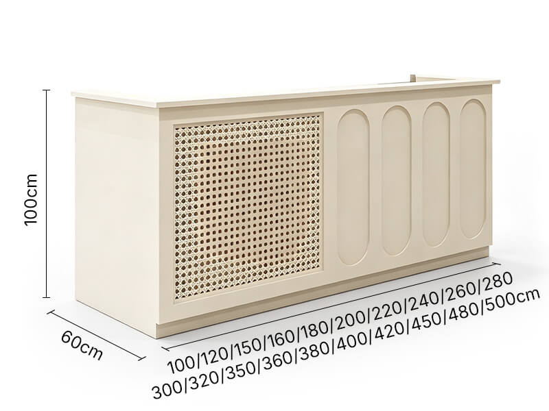 Kleiner Empfangstresen mit Rattandetail und Stauraum - Maße