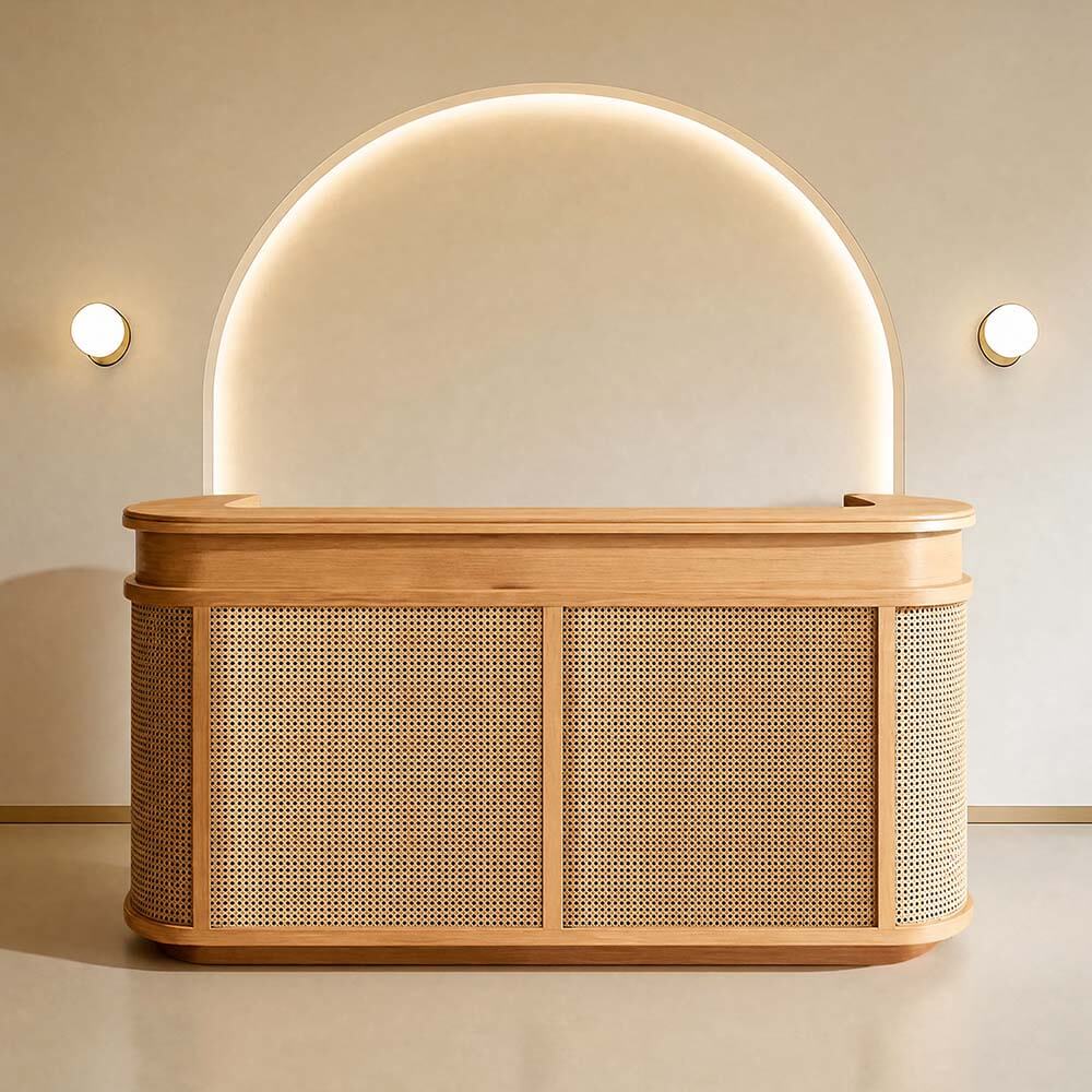 Vintage Rezeptionstheke aus geschwungenem Holz als Empfangstresen für Salon