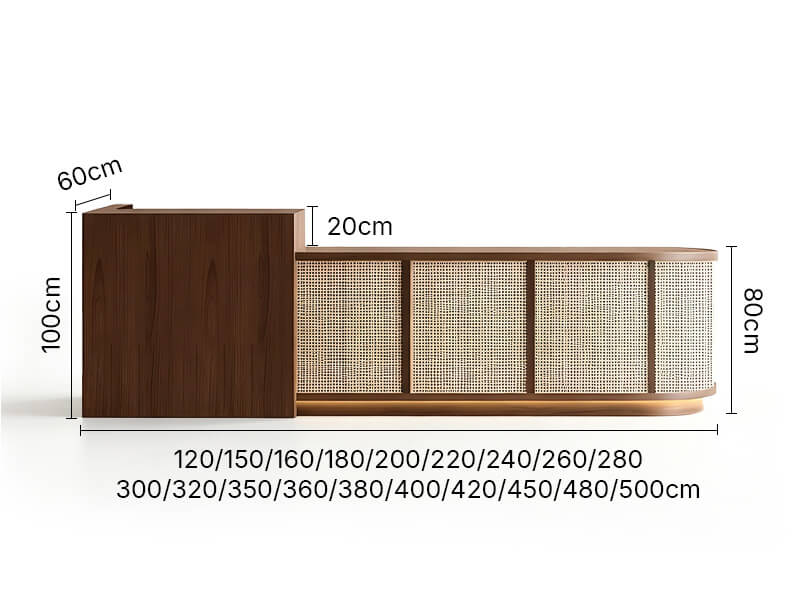 Empfangstresen aus Holz mit Rattan-Detail und abschließbarem Stauraum - Maße